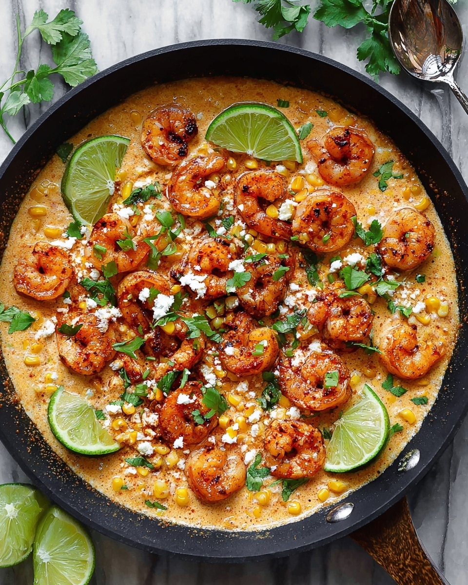 The image shows a black pan filled with a creamy sauce dotted with grilled yellow corn bits as the bottom layer, topped with a layer of reddish-brown cooked shrimp scattered evenly across the pan. Lime wedges with bright green skin and light green flesh are placed on top and around the pan. Fresh green cilantro leaves and small white crumbles that look like cheese are sprinkled over the shrimp. The pan sits on a white marbled surface with additional lime wedges and a silver spoon nearby. Photo taken with an iphone --ar 4:5 --v 7