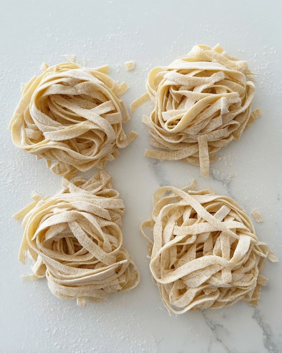 The image shows four separate piles of fresh, uncooked flat pasta noodles placed evenly on a white marbled surface. Each pile has light beige noodles that appear soft and slightly dusted with flour, giving them a matte texture. The noodles curl and twist naturally, creating loose, irregular nest shapes. The flat ribbons are of similar width, and the flour dusting is visible both on and around the noodles on the surface. Photo taken with an iphone --ar 4:5 --v 7