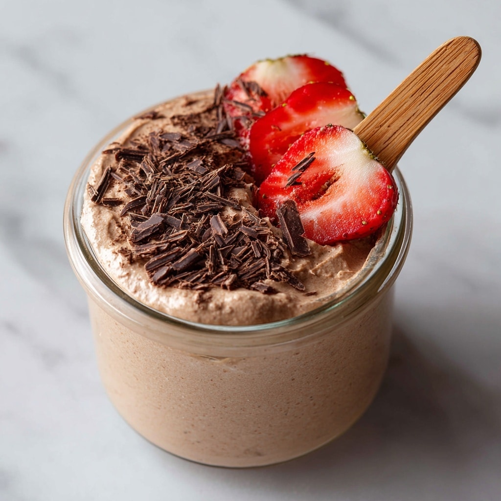 The image shows four small clear glass jars filled with smooth, creamy chocolate mousse that has a rich brown color. Each jar is topped with two bright red sliced strawberries positioned at the edge, along with dark chocolate shavings scattered over the top. One jar in the front has a wooden spoon dipped inside the mousse. These jars are placed on a simple white round plate with some extra chocolate shavings scattered around it. The whole scene is set on a white marbled surface, creating a clean and bright look. Photo taken with an iphone --ar 4:5 --v 7