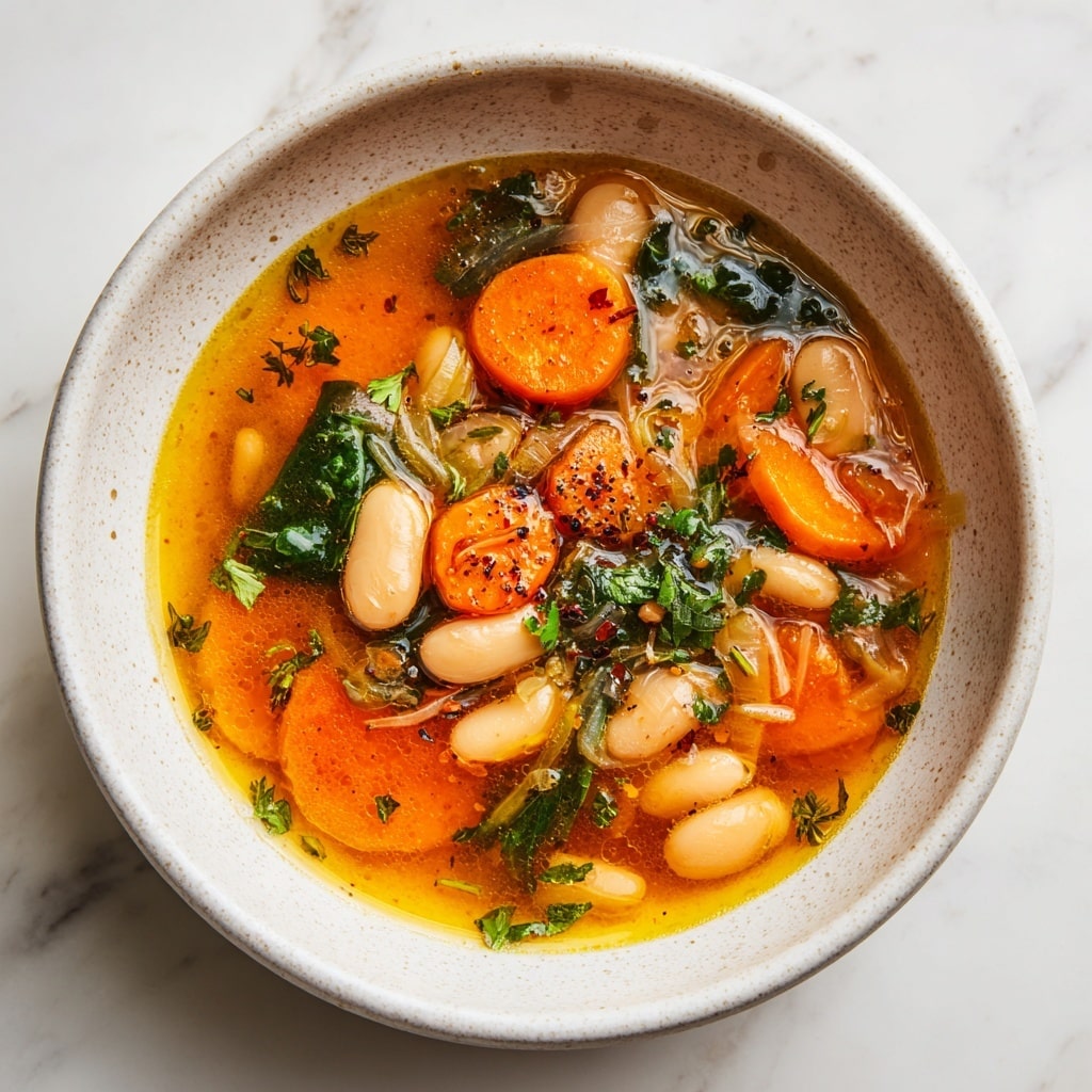 The image shows a bowl of soup with a clear orange broth that has a thin layer of oil on top. Inside the soup, there are several white beans scattered throughout, some sliced bright orange carrots, and translucent cooked onions. There are also small pieces of green herbs mixed in, adding texture and color. The bowl is white with a slightly speckled texture and is placed on a white marbled surface. Photo taken with an iphone --ar 4:5 --v 7