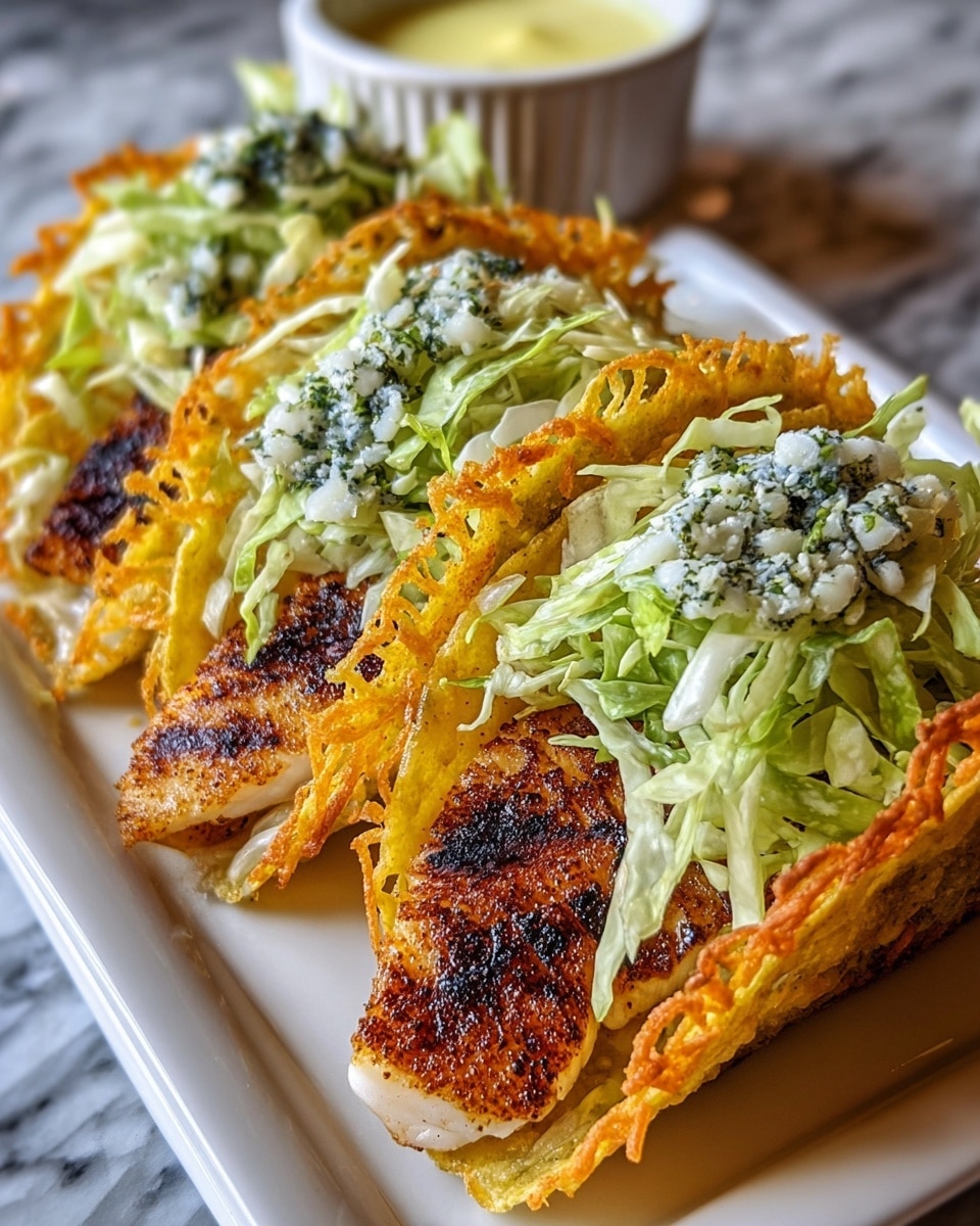 The image shows three tacos on a white plate, each with three visible layers: the first layer is an orange, crispy shell with some green herbs mixed in, curved to form the taco shape; the second layer is a piece of browned, grilled chicken placed at the bottom inside the shell; the third layer is a pile of light green shredded cabbage with white creamy sauce drizzled on top, speckled with green herbs. The plate sits on a white marbled surface. Photo taken with an iphone --ar 4:5 --v 7