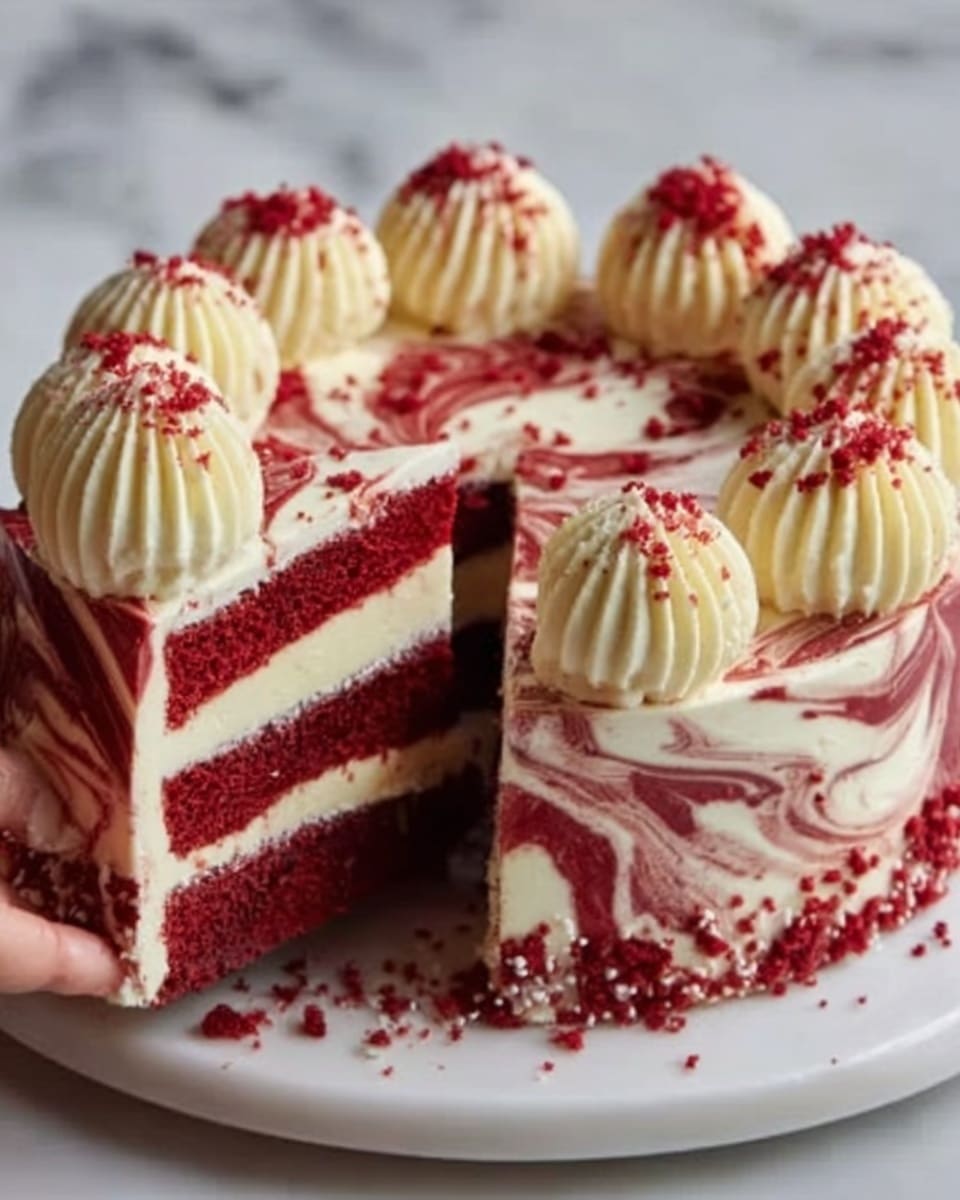 The image shows a round, two-layer red velvet cake on a white plate placed on a white marbled surface. The bottom and top layers of the cake are deep red with a soft and smooth texture. Between the layers, there is a thin layer of white cream filling. The top of the cake has a white cream swirl with red swirls mixed in, giving a marbled effect. Around the edge of the cake top, there are eight cream rosettes, each topped with small red cake crumbs. A slice is cut from the cake, revealing the cream filling and the bright red texture inside. Photo taken with an iphone --ar 4:5 --v 7