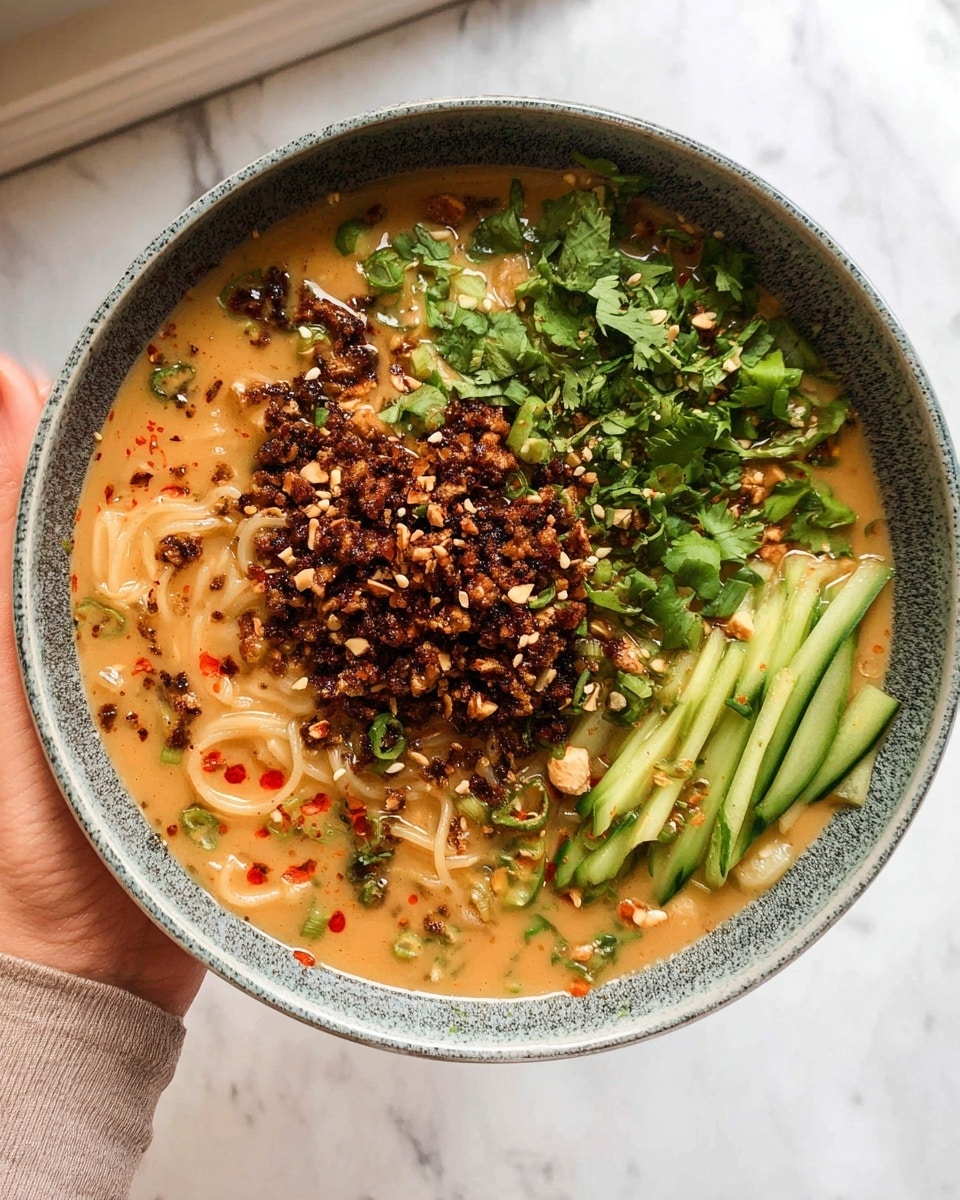 A bowl of creamy light brown soup with noodles submerged in the broth forms the base layer, topped with a generous amount of dark brown crispy crumbled pieces sprinkled with chopped peanuts and sesame seeds in the center. To one side, thin green cucumber strips are neatly arranged, sprinkled with fresh chopped green herbs and sesame seeds, while chopped green scallions and cilantro are scattered around the edges, adding fresh green colors. Drops of red chili oil dot the surface, adding vibrant red contrasts on top of the soup. A woman's hand holds the bowl from the right side against a white marbled surface background. photo taken with an iphone --ar 4:5 --v 7