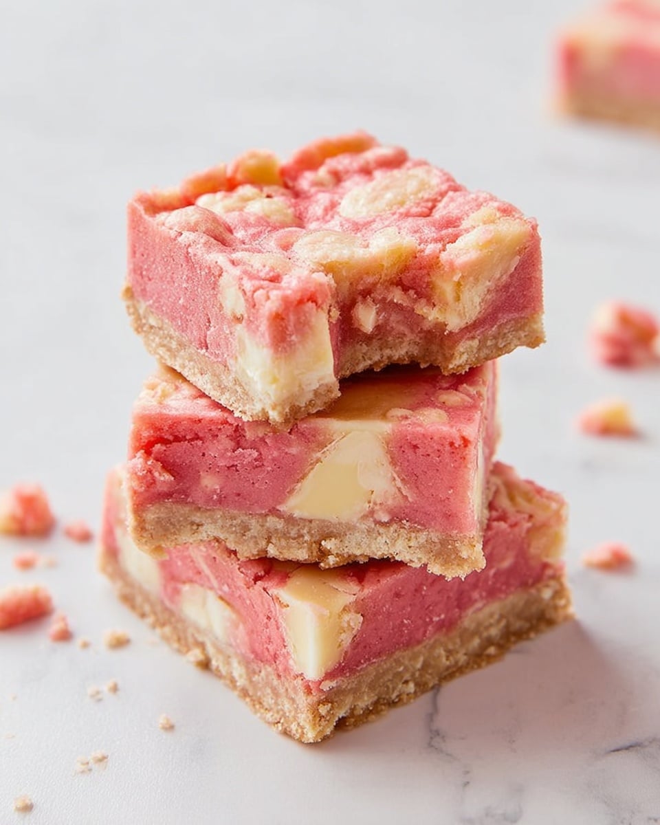 A stack of three square pink bars with a soft, crumbly texture sits on a white marbled surface, each bar showing a distinct layer: a light brown base with a coarse texture, topped by a thicker pink layer filled with creamy white chunks and swirls of caramel. The top pink layers look moist and slightly uneven, with one piece having a small bite missing. Scattered crumbs lay around the stack, adding a casual feel to the image. Photo taken with an iphone --ar 4:5 --v 7