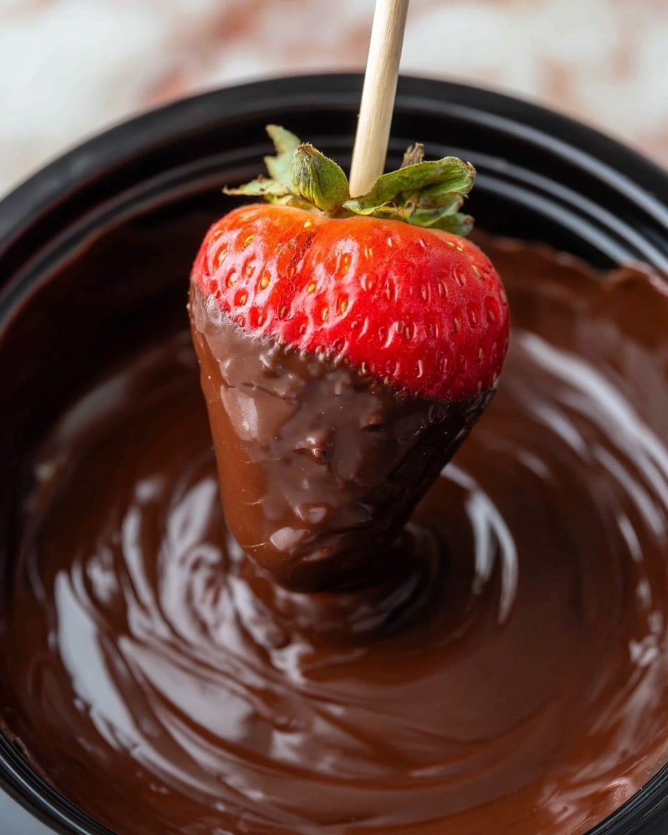 A close-up image shows a red strawberry with green leaves on top, partially dipped in thick, smooth dark brown chocolate sauce. The strawberry is held by a light wooden skewer, and the chocolate coats about three-quarters of the strawberry, leaving the top red part exposed with its seeds visible. The strawberry and chocolate are inside a black round container filled with more glossy dark brown chocolate, with swirled textures on the surface. The background has a white marbled texture. photo taken with an iphone --ar 4:5 --v 7
