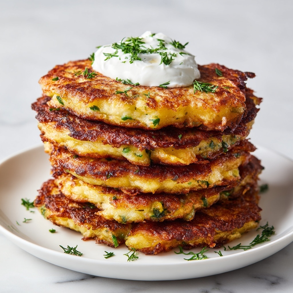 A stack of five golden-brown fritters with a crispy texture sits on a white plate, each fritter showing visible thin strands of orange and yellow vegetables mixed with small green herb bits throughout. The fritters are uneven around the edges, giving a crunchy look, and the top one is garnished with a small dollop of white sauce with tiny green herb pieces on it. The background is a soft, blurry white marbled texture, making the colors of the fritters stand out clearly. photo taken with an iphone --ar 4:5 --v 7