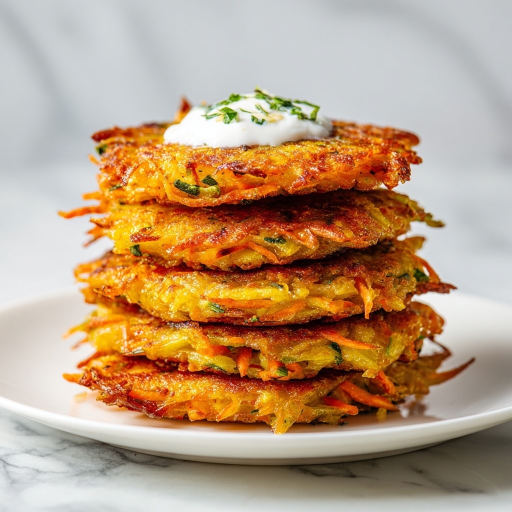 A tall stack of five golden-brown, crispy potato pancakes sits in the center of a plain white plate on a white marbled surface. Each pancake is thick and has visible green herb bits mixed in, giving a fresh look, with edges that are slightly darker and crispier. The top pancake is topped with a dollop of white sour cream garnished with small green herb pieces. A few small green herb leaves are scattered around the base of the stack on the plate. The background is simple and light, making the warm colors of the pancakes stand out. photo taken with an iphone --ar 4:5 --v 7