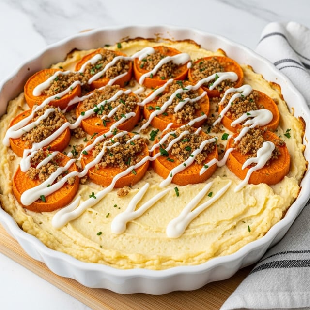 A white scalloped ceramic dish filled with a layered sweet potato casserole, showing one base layer of creamy white mashed sweet potatoes topped with a neat layer of round, golden-orange sweet potato slices arranged closely in concentric circles. Over the sweet potatoes, a drizzle of smooth white sauce zigzags across the top, with a crunchy brown crumb topping sprinkled evenly. Small green herb pieces are scattered lightly for garnish. The dish is placed on a wooden round board with a gray cloth underneath, set on a white marbled surface. photo taken with an iphone --ar 4:5 --v 7