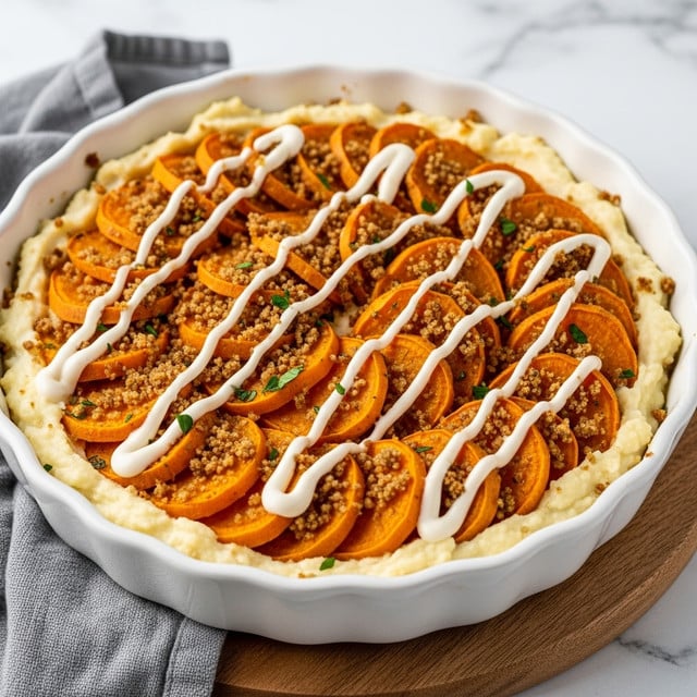 A white scalloped ceramic dish holds a baked sweet potato casserole with two main layers. The bottom layer is creamy and light yellow, smooth in texture, and fills the dish evenly. On top are several rows of thick, round sweet potato slices, rich orange in color with a slightly roasted look and a firm skin edge. Drizzled over the sweet potato slices is a white cream sauce in thin lines, and sprinkled generously with a crumbly brown topping mixed with small green herb bits, adding texture and color contrast. The dish sits on a light wooden board, and a white towel with gray stripes is nearby on a white marbled surface. Photo taken with an iphone --ar 4:5 --v 7