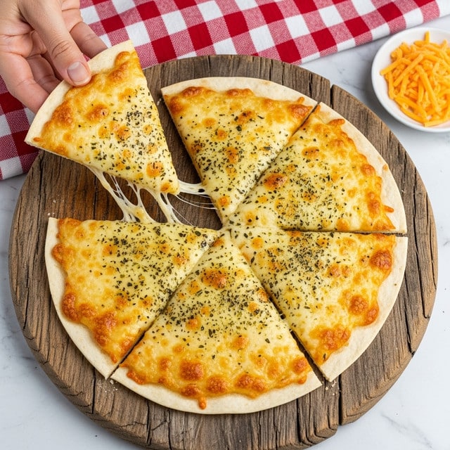 A round flatbread cut into six triangular slices with a golden-brown top covered in melted cheese and sprinkled herbs, showing a light, slightly crispy texture with some browned spots. One slice is lifted by a woman's hand from the wooden board underneath. Behind the flatbread are some shredded white cheese and a red and white checkered cloth on a white marbled surface. The scene is warm and inviting with a focus on the cheesy topping and texture. photo taken with an iphone --ar 4:5 --v 7