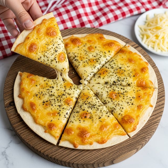 A round flatbread cut into six pieces sits on a wooden board with a rustic look, topped with a golden-brown baked cheese layer that is slightly bubbly and sprinkled with dried herbs, giving a speckled look of green and black on the creamy cheese. One slice is being held by a woman's hand at the top left, showing the thin, light crust underneath the cheese. In the background, there is a red and white checkered cloth and a small pile of shredded cheese on the right side, all placed on a white marbled surface. Photo taken with an iphone --ar 4:5 --v 7