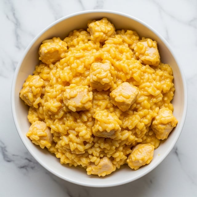 A round white bowl sits on a white marbled surface filled with a creamy dish that has two main layers mixed together: soft, large chunks of white chicken and creamy rice coated in a light orange sauce, which gives the dish a smooth and moist texture throughout. photo taken with an iphone --ar 4:5 --v 7