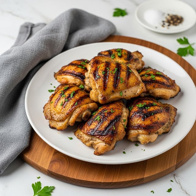 A white plate sits on a round wooden board with seven pieces of grilled chicken thighs stacked on it. The chicken pieces are golden-brown with charred spots and sprinkled with green herbs. To the left side of the plate, a gray cloth napkin is loosely folded. In the background, there is a small white plate with some salt and pepper on it and scattered parsley leaves on the white marbled surface. photo taken with an iphone --ar 4:5 --v 7