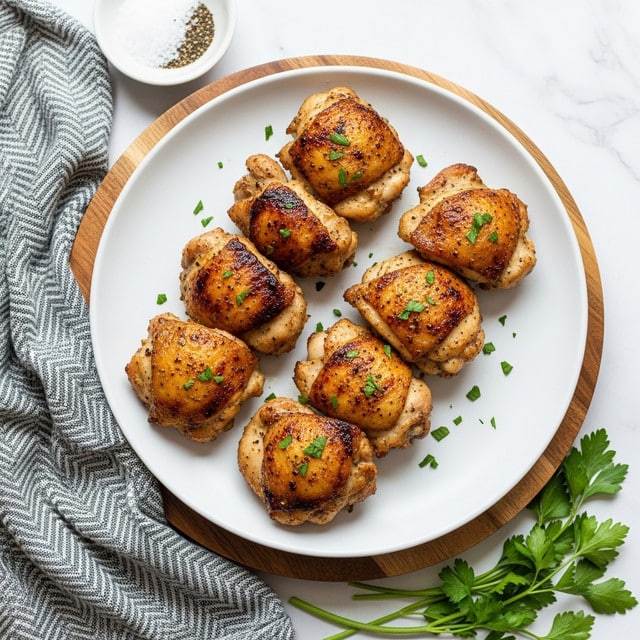 A white plate sits on a wooden round board on a white marbled surface, holding seven pieces of golden brown grilled chicken thighs stacked lightly on each other. The chicken has a crispy, slightly charred texture with visible black pepper and herb specks, and small green parsley bits are sprinkled on top. To the left of the plate, a gray and white patterned cloth is softly folded, and some fresh green parsley sprigs lie scattered on the bottom right of the scene. A small white dish with some coarse white salt and black seasoning is partially visible near the top left. photo taken with an iphone --ar 4:5 --v 7
