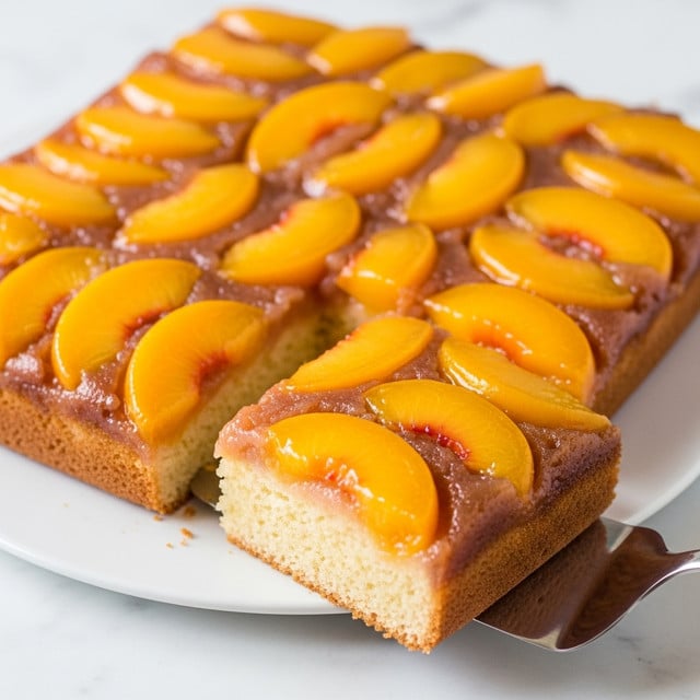 A square cake with a golden brown base layer topped with bright orange peach slices arranged in neat, overlapping rows. The peach layer is shiny and looks sticky, like it has a glaze on top. One square piece has been cut and lifted with a metal spatula, showing the soft and moist texture of the light-colored cake underneath. The cake is placed on a white plate on a white marbled surface. photo taken with an iphone --ar 4:5 --v 7