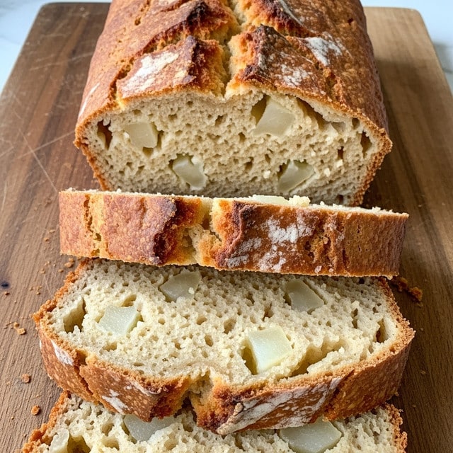 A loaf of bread is shown resting on a wooden board with three slices cut from it and stacked below, exposing a light golden brown crumb with visible chunks of white filling inside. The top crust is uneven and cracked with a darker golden brown color, contrasting with the softer texture of the interior. The bread's crumb appears moist and slightly crumbly with a homemade look. Photo taken with an iphone --ar 4:5 --v 7