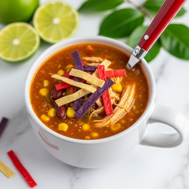 The image shows a white mug filled with a rich, chunky soup that has a orange-brown broth base with visible pieces of corn, beans, and shredded chicken. On top of the soup, there are colorful layers of crunchy strips in red, purple, and light beige colors scattered across the surface. A spoon with a red handle is resting inside the mug. In the background, there are blurred lime wedges and green leaves on a white marbled texture. photo taken with an iphone --ar 4:5 --v 7