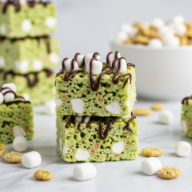 The image shows two stacked crispy rice treats with a light green tint mixed with white marshmallows visible inside the treats. The treats are topped with small marshmallows and drizzled with thin, dark chocolate lines creating a zigzag pattern. Around the base, there are a few loose white marshmallows and crispy rice pieces scattered on a white marbled surface. In the background, more of these green rice treats are stacked slightly out of focus, as well as a white bowl filled with more marshmallows or cereal. photo taken with an iphone --ar 4:5 --v 7