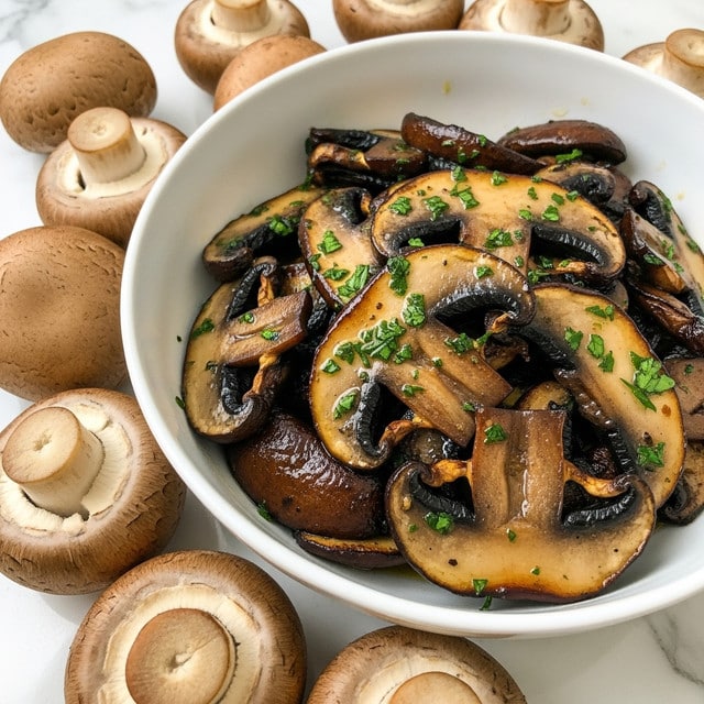 A close-up view of a white bowl filled with shiny, cooked mushrooms that are dark brown with hints of black and garnished with small bits of green herbs. The mushrooms are sliced, showing smooth, moist textures with some slight charring. Around the bowl, there are whole fresh mushrooms with light to dark brown caps on a white marbled surface. The image shows the mushrooms piled in the bowl with some glistening oil or sauce on them. photo taken with an iphone --ar 4:5 --v 7