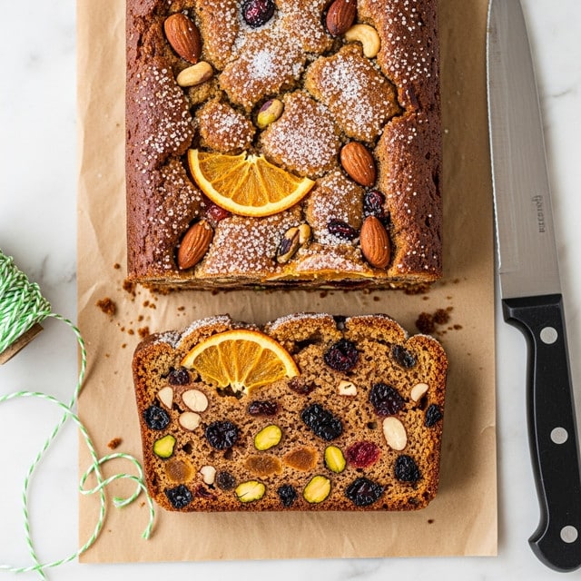 The image shows two rectangular slices of fruit and nut bread on brown paper placed on a white marbled surface. The top slice shows a crunchy brown crust with sugar sprinkled on it, while the lower slice reveals a dense inside filled with colorful dried fruits like orange and dark red berries along with mixed nuts including almonds and pistachios. A black-handled knife lies to the right side on the brown paper, shining lightly on the blade. There is also a piece of light green and white string placed loosely on the left side. Photo taken with an iphone --ar 4:5 --v 7