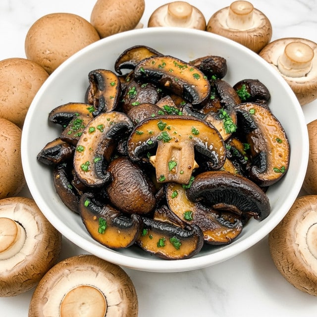Close-up image of cooked mushroom slices, showing about two layers of thick, glossy brown mushrooms with dark centers and light brown edges. The mushrooms have a juicy, oily texture with a shiny surface, and their curved shapes overlap each other. The background is a white marbled texture. photo taken with an iphone --ar 4:5 --v 7