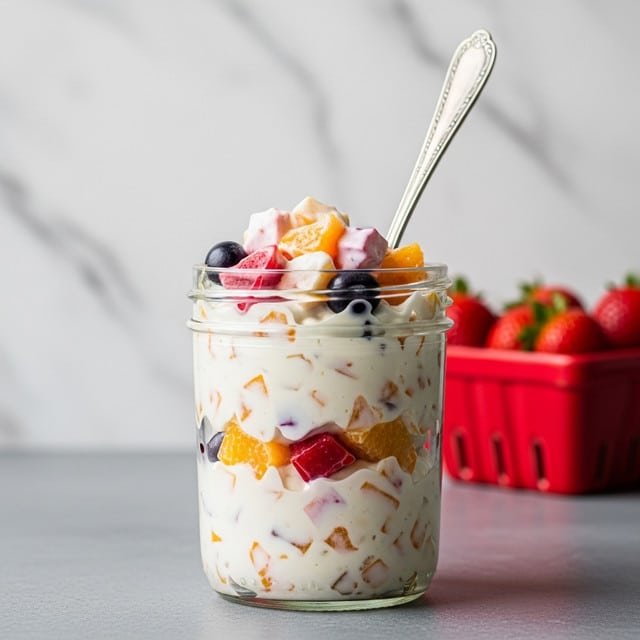 Jello Fruit Salad with Strawberries, Peaches, Mandarins, Cool Whip, and Mozzarella Recipe