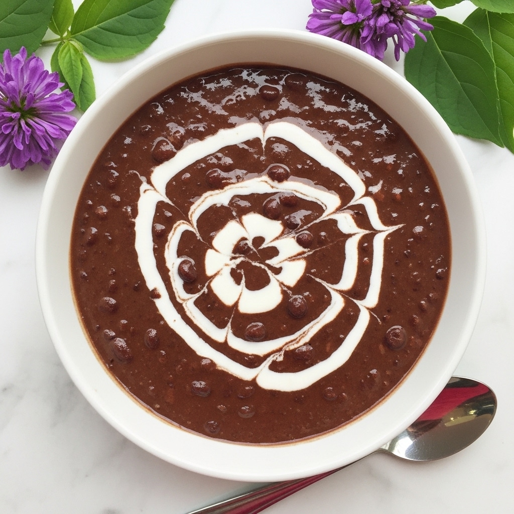 The image shows a white bowl filled with thick, dark brown hot chocolate pudding that has visible small lumps of chocolate or beans throughout. On top, there is a swirl of white cream that forms a loose spiral pattern across the surface, contrasting with the rich brown pudding. The bowl is placed on a white marbled surface with a silver spoon to the side near the bottom right corner. Purple flowers and green leaves are visible in the background, adding a fresh touch to the scene. photo taken with an iphone --ar 4:5 --v 7