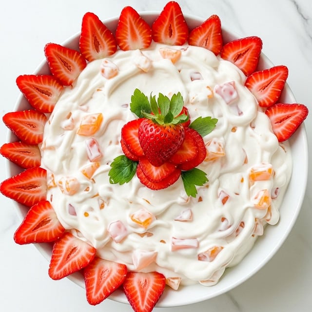 A white bowl holds a creamy fruit salad with visible small chunks of orange and pink fruit mixed into a thick white creamy layer, textured with soft, airy swirls. Around the edge of the bowl, halved strawberries are neatly placed with their red outer sides facing out and white inner sides showing, creating a bright red border. In the center of the salad, sliced strawberries are stacked in a small, decorative pile with fresh green leaves still attached on top, adding a pop of green color. The bowl sits on a white marbled surface. photo taken with an iphone --ar 4:5 --v 7