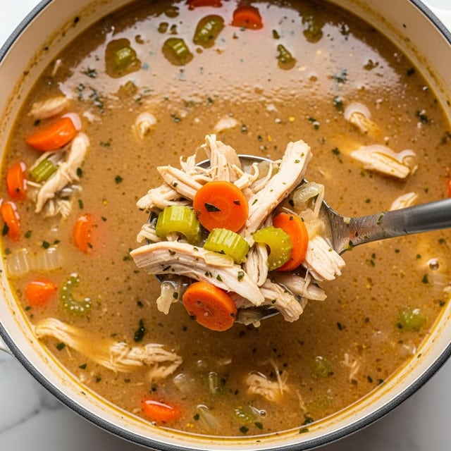 A white bowl filled with thick brown onion soup showing visible layers of caramelized onions and chunks of cooked orange carrot and shredded chicken at the bottom. Two pieces of toasted bread with melted yellow cheese, sprinkled with green herbs and black pepper, sit on top of the soup; one piece is fully placed while the other piece is partially dipped and soaking in the soup, revealing a porous texture. A shiny silver spoon inside the bowl scoops up some of the soup with onions and chicken. The bowl is placed on a white marbled surface. Photo taken with an iphone --ar 4:5 --v 7