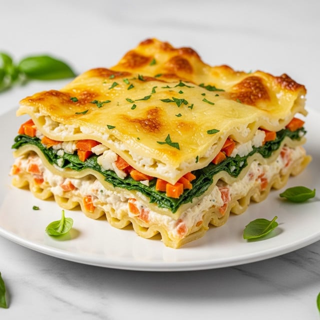 A square piece of lasagna is shown on a white plate, placed on a white marbled surface. The lasagna has several layers visible: a melted golden cheese layer on top with some green herbs sprinkled, beneath it a mix of lightly browned cheese and green spinach leaves, followed by layers of creamy white sauce with bits of orange carrots and pale noodles. The edges are neat and show a mix of textures from soft sauce to slightly firm pasta. Small pieces of green basil leaves are around the plate. The photo taken with an iphone --ar 4:5 --v 7