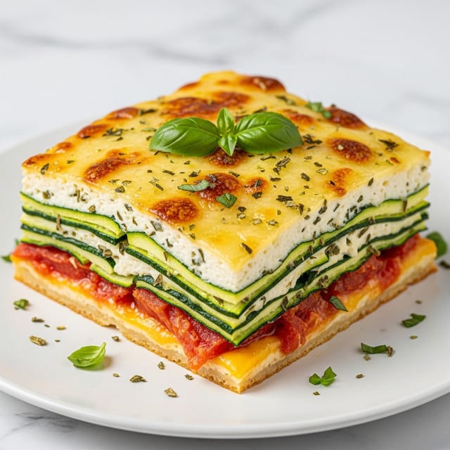 A square slice of baked layered dish sits on a white plate with a white marbled background. The bottom layer shows a mix of soft red tomato pieces and melted yellow cheese, topped by a thick layer of green zucchini strips stacked evenly. Above that is a creamy white cheese layer speckled with herbs. The topmost layer is a golden-brown melted cheese crust with browned spots and green herb bits scattered on top, garnished with a single fresh green basil leaf in the center. Some small green herb leaves and crumbs are scattered around the plate. photo taken with an iphone --ar 4:5 --v 7