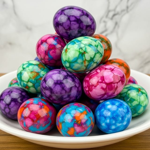A white shallow bowl is filled with numerous glossy, smooth eggs stacked high, each egg decorated with a marbled pattern of vibrant colors swirling together. The colors include deep purples, bright pinks, soft greens, blues, and hints of orange, blending to create a shiny, almost glass-like surface that reflects light. The eggs are tightly packed so that the shapes overlap and the various color swirls contrast beautifully against each other. The bowl sits on a wooden surface with a blurred background of white marbled texture. photo taken with an iphone --ar 4:5 --v 7