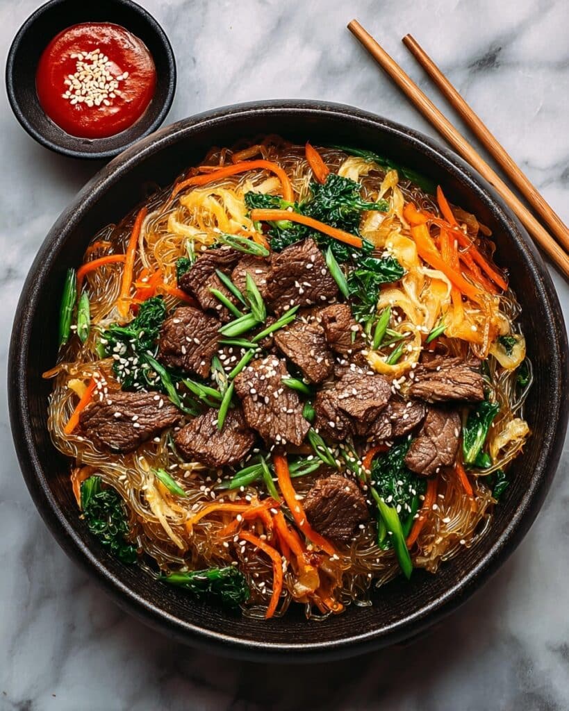 Japchae: Korean Sweet Potato Noodles Stir-Fry with Beef and Vegetables Recipe