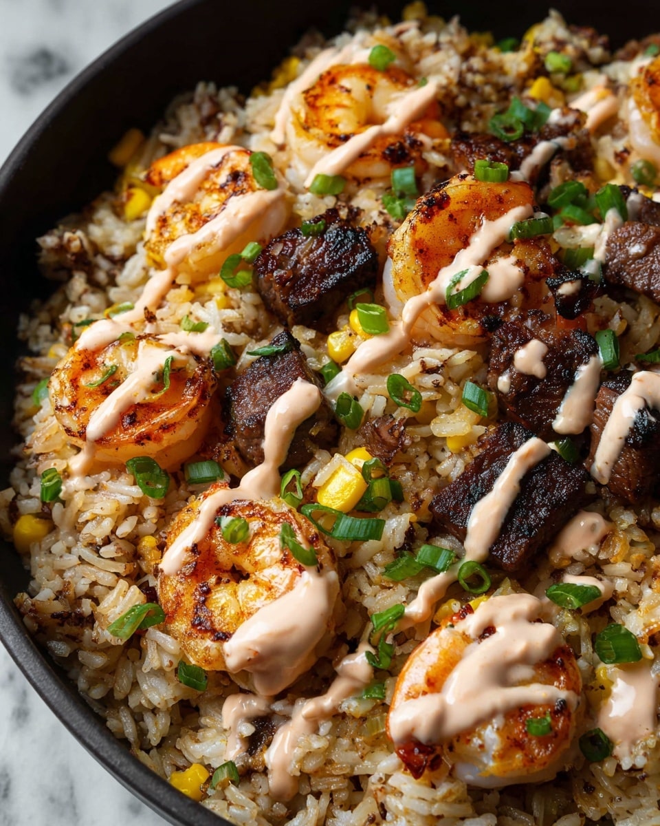 This close-up image shows a dish with several layers. The bottom layer is cooked rice mixed with small pieces of green peas and bits of corn, giving it a slightly brown and yellow color with a soft texture. Scattered throughout the rice are grilled shrimp with a shiny orange-pink color and char marks, and chunks of dark brown grilled meat with a slightly rough texture. On top of everything there is a light pink creamy sauce drizzled over the shrimp, meat, and rice. Small pieces of chopped green onions add a fresh touch of green color, contrasting with the warm tones of the dish. The food sits inside a dark pan on a white marbled surface. photo taken with an iphone --ar 4:5 --v 7