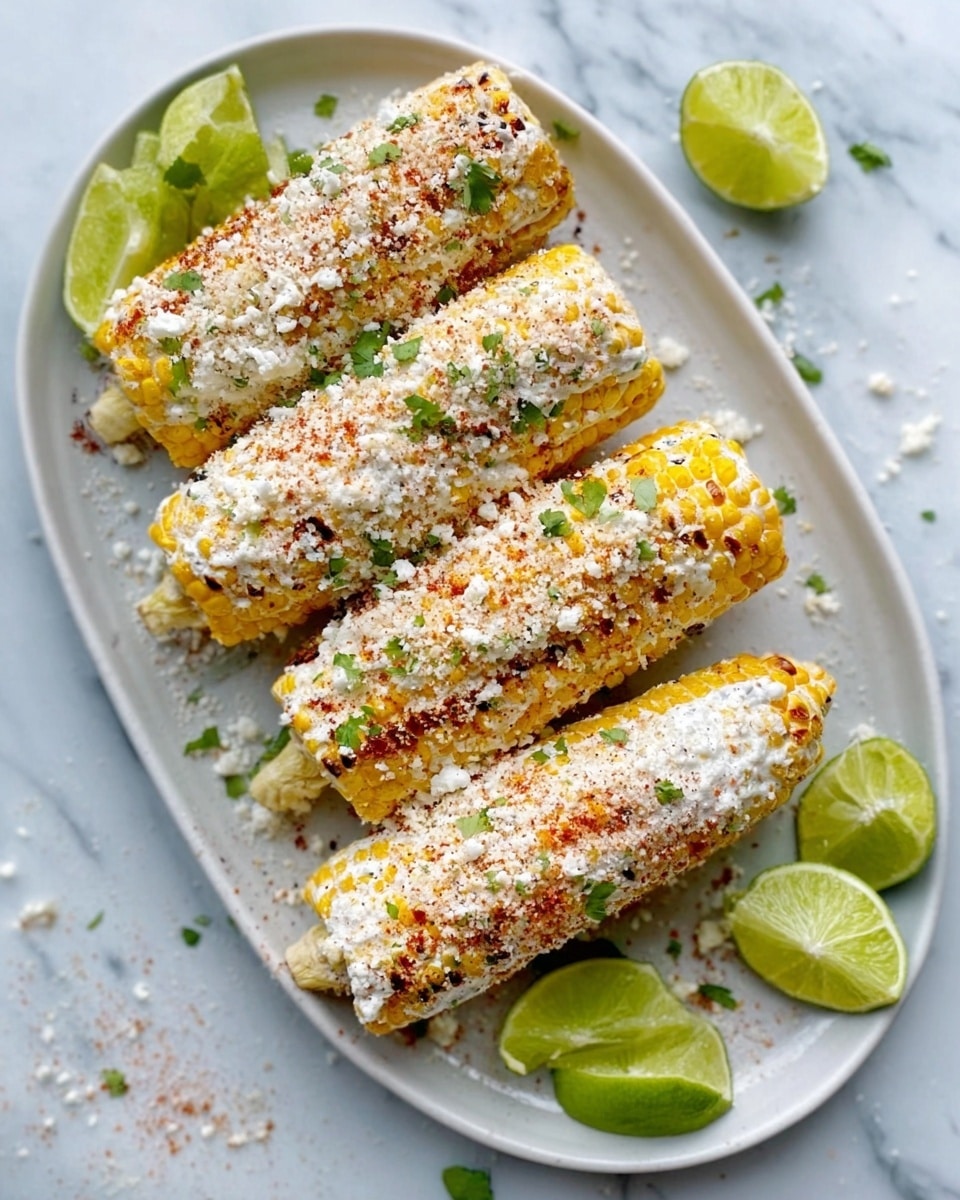 Three grilled corn cobs with charred spots lie side by side on a white plate with a blue rim, each covered in a white creamy sauce and sprinkled with crumbly white cheese and chopped green herbs. A lime wedge and a chunk of white cheese rest near the top left corner of the plate. The white marbled surface beneath the plate adds a clean, bright contrast to the vibrant colors of the corn and garnishes. photo taken with an iphone --ar 4:5 --v 7