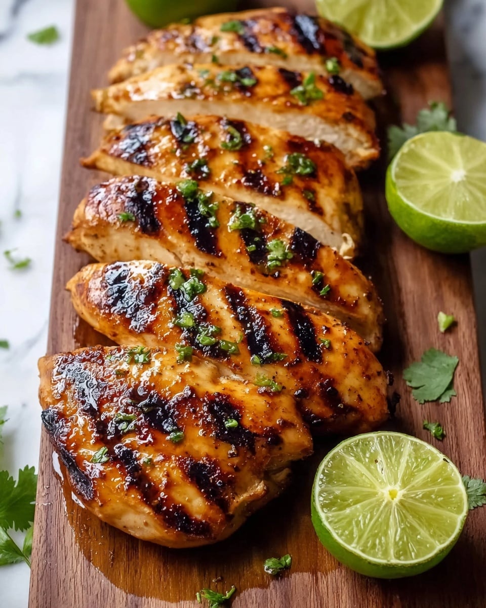 The image shows four thick slices of grilled chicken breast laid out in a row on a wooden board. Each slice has a golden-brown color with darker char marks scattered across the surface, giving a slightly glossy and juicy look. The chicken is garnished with small pieces of fresh green herbs evenly sprinkled on top. To the right of the chicken slices, there are two lime halves, one lying flat and the other standing upright, showing the light green juicy interior. The scene is set against a white marbled surface, creating a clean and fresh background. photo taken with an iphone --ar 4:5 --v 7