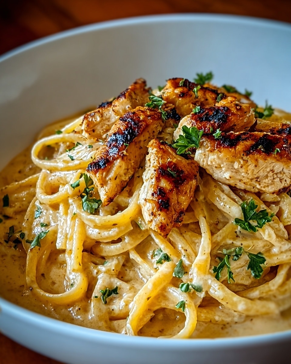 A deep white bowl holds a creamy pasta dish with long noodles coated in a smooth, light yellow sauce. On top, several golden-brown grilled chicken pieces with slightly charred edges are scattered, adding texture and color contrast. Small green parsley leaves are sprinkled over the chicken and pasta, giving a fresh pop of color. The sauce looks rich and thick, clinging well to the noodles, while the chicken pieces appear juicy and well-seasoned, creating an appetizing layered look. photo taken with an iphone --ar 4:5 --v 7