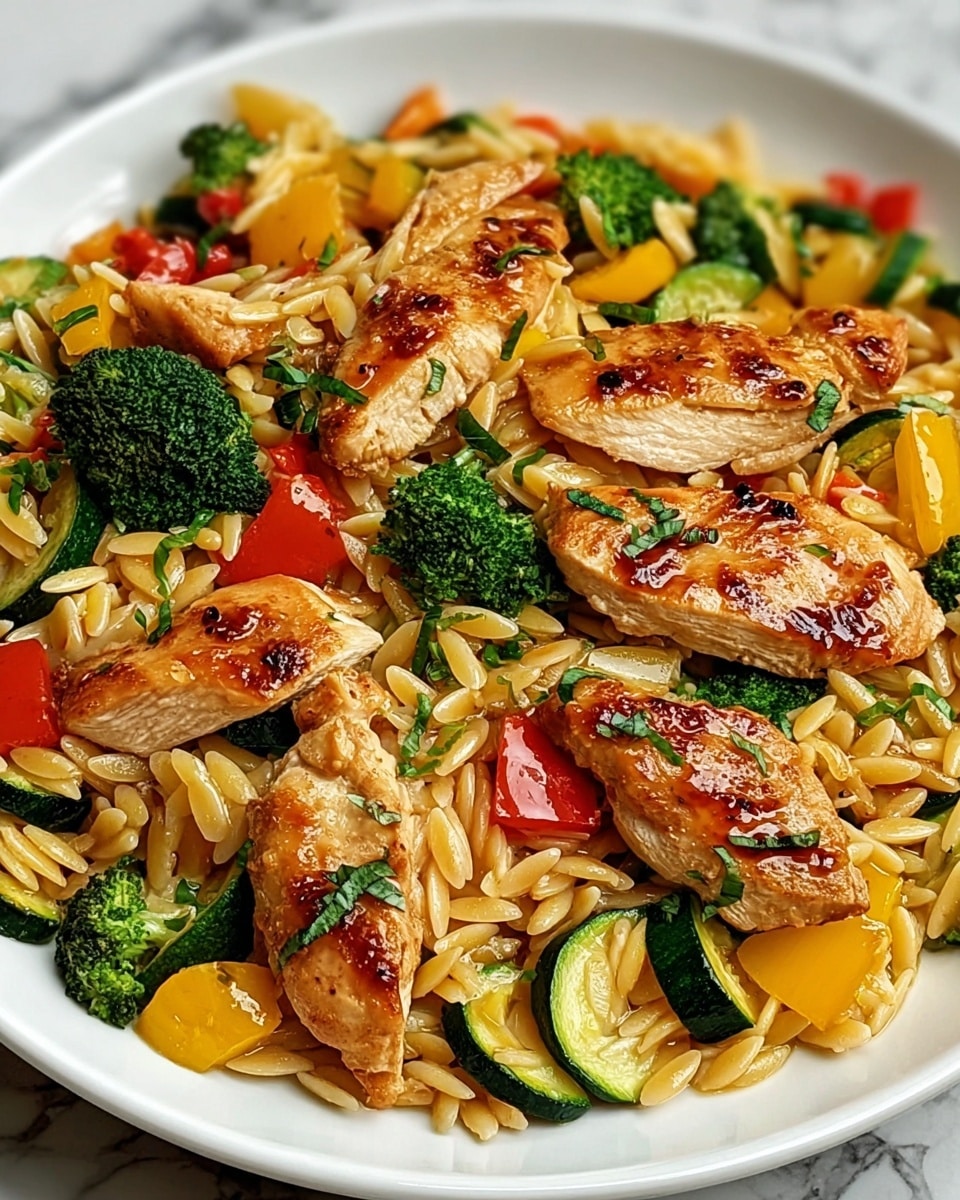 A close-up of a dish on a white plate filled with three main layers: the base layer consists of light golden orzo pasta with a smooth texture, scattered evenly across the plate; the middle layer features bright green broccoli florets and small chunks of red and yellow bell peppers, adding vibrant pops of color and a mix of soft and crisp textures; the top layer is made up of medium-sized, lightly browned chicken pieces with a glazed look, mixed thoroughly with finely chopped green herbs sprinkled on top. The plate sits on a white marbled surface. Photo taken with an iphone --ar 4:5 --v 7