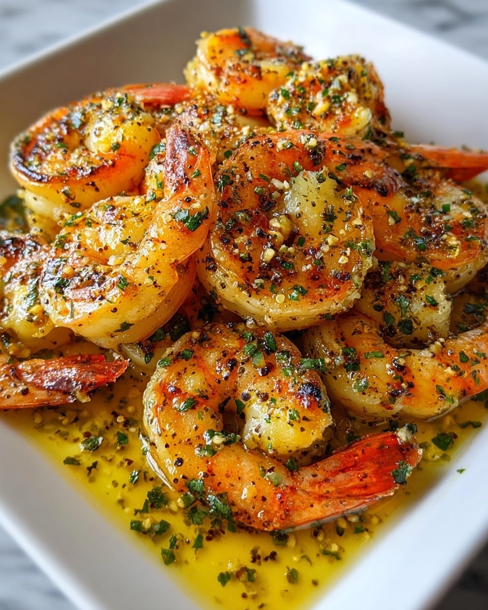 The image shows a close-up of a white square dish filled with cooked shrimp arranged in overlapping layers, each shrimp showing a pinkish-orange tail and a golden seared body. The shrimp are covered in a glistening yellow butter sauce mixed with black pepper and small green herb pieces, spread evenly across the dish. The surface underneath the dish is a white marbled texture. photo taken with an iphone --ar 4:5 --v 7