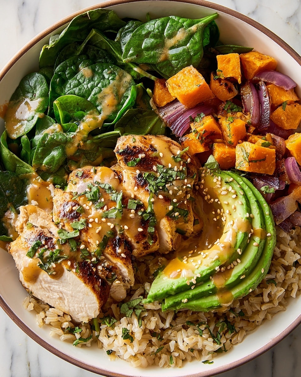The dish shows a white bowl with a brown rim filled with three main layers. On the left, there is roasted sweet potato and onion pieces, orange and purple in color, sprinkled with green herbs. The center layer has sliced grilled chicken breast with a golden brown crust, covered with brown sauce being poured from above, and sprinkled with chopped green herbs and sesame seeds. On the right, there are fresh green spinach leaves and sliced avocado pieces topped with more sesame seeds and herbs. The bottom has a layer of cooked brown rice partly visible under the chicken. The background is a white marbled texture. Photo taken with an iphone --ar 4:5 --v 7