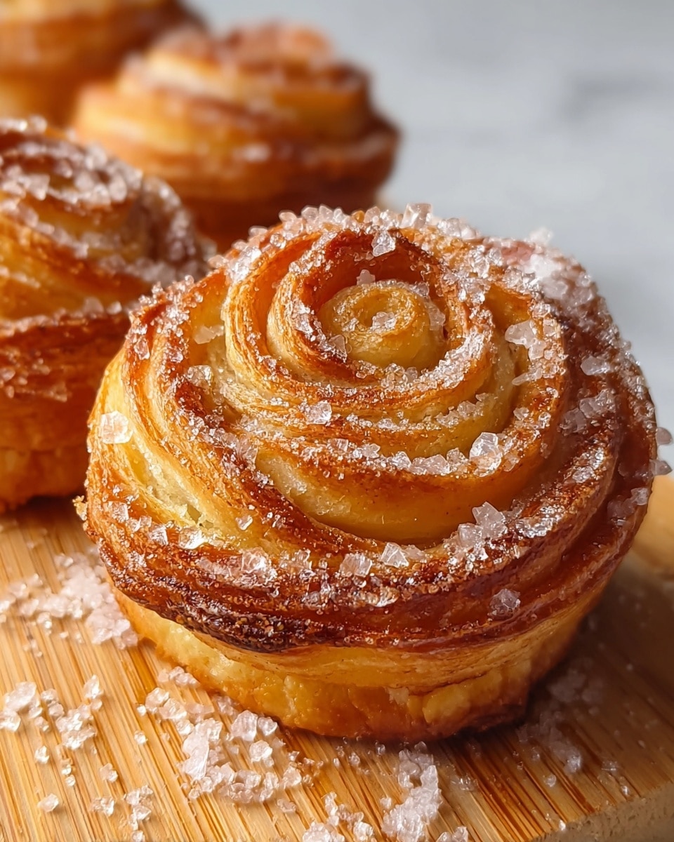 The image shows four golden brown swirl pastries with multiple flaky layers spiraling from the base to the top. Each pastry is generously covered with coarse white sugar crystals that glisten, especially on the top ridges, creating a contrast against the warm baked dough. The pastries are placed closely together on a light-colored wooden board, with sugar crystals scattered around them, adding a textured detail. The background has a soft focus with a white marbled texture visible behind the board, making the pastries stand out. photo taken with an iphone --ar 4:5 --v 7