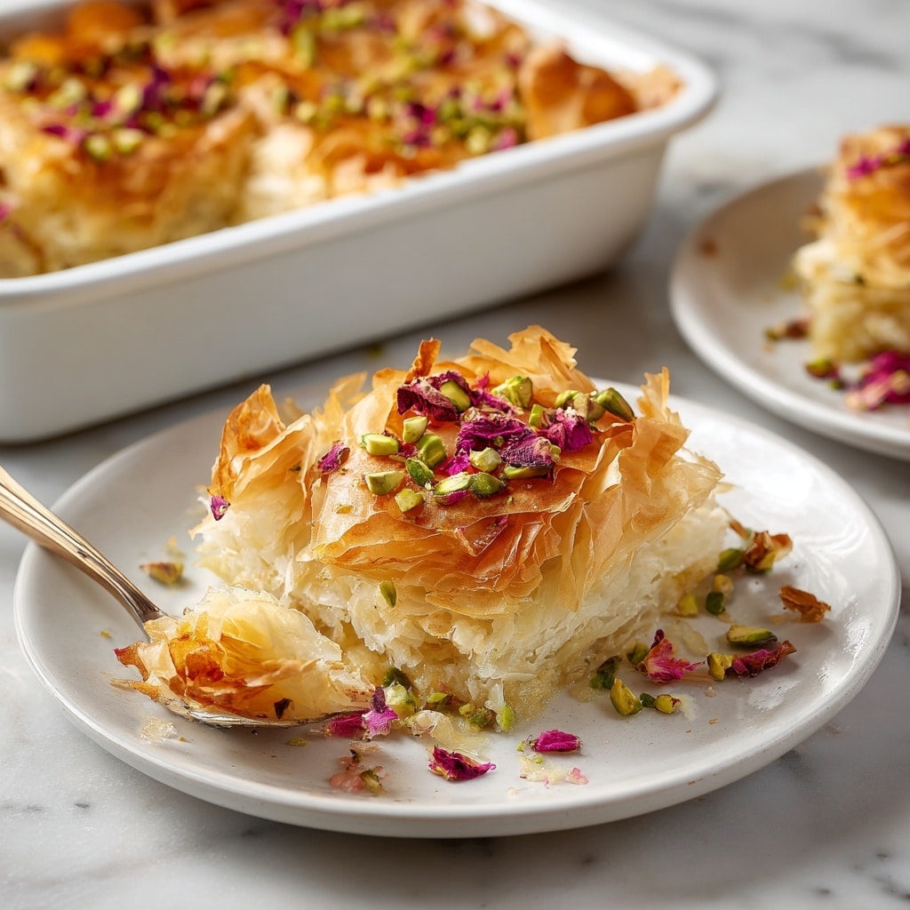 A flaky, golden-brown dessert with about four visible layers of crispy, crinkled pastry sits on a white plate, garnished with small bright green slivered pistachios and tiny dried pink rose petals scattered on and around it. A silver fork presses gently into the dessert, lifting a small piece that shows the delicate, airy texture inside. In the background, a white baking dish holds the rest of the dessert, decorated similarly with pistachios and rose petals, all placed on a white marbled surface. photo taken with an iphone --ar 4:5 --v 7