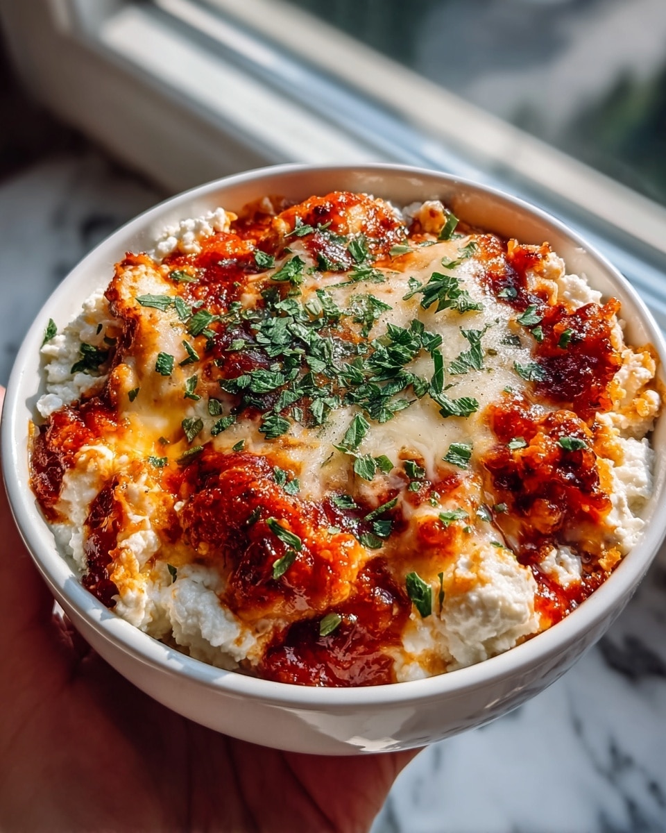 A white bowl filled with a baked dish showing three visible layers: the bottom layer is a chunky red tomato sauce with a rich texture, the middle layer consists of tender, breaded pieces coated in sauce turning golden brown, and the top layer is a bubbly, melted white cheese with browned spots and scattered bright green chopped herbs. The dish looks hot and fresh, with the edges of the baked pieces slightly crispy. A woman's hand is holding the bowl over a white marbled surface near a window where natural light falls on the food, highlighting its colors and textures. Photo taken with an iphone --ar 4:5 --v 7