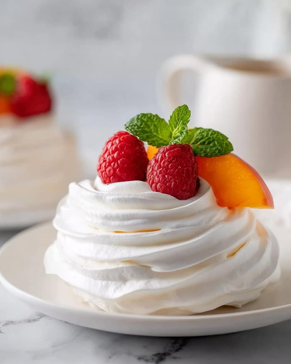 The image shows a white swirled meringue nest with a soft and airy texture, sitting on a white plate against a white marbled surface. On top of the meringue, there are three bright red raspberries, a small green sprig of mint leaves, and a thin slice of orange peach, creating a colorful and fresh contrast. The meringue’s layers are smooth and fluffy, forming a small hollow in the center filled with the fruit and mint. The background is softly blurred with a glimpse of a white mug or pitcher, enhancing the focus on the dessert. photo taken with an iphone --ar 4:5 --v 7