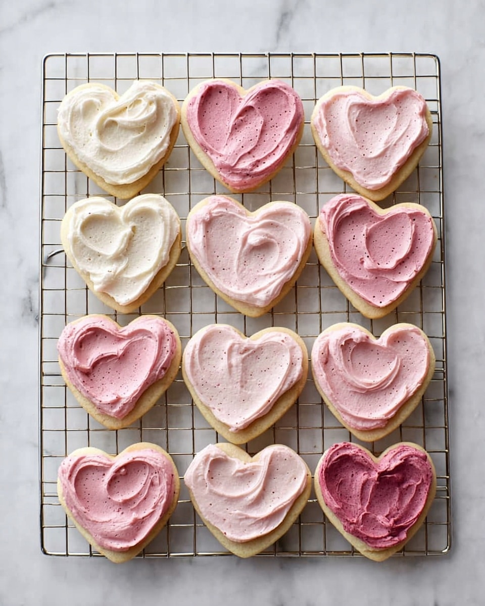 A metal cooling rack holds thirteen heart-shaped cookies arranged in rows on a white marbled surface. Each cookie has one smooth layer of fluffy frosting with visible tiny specks, spread in a swirled pattern. The frosting colors vary in shades of white, pale pink, and deeper pink, with some showing a mix of berry red hues. The soft texture contrasts with the slight golden edge of the cookie base beneath. The overall look is neat and inviting, with each frosting layer evenly thick and softly rounded around the heart shape. photo taken with an iphone --ar 4:5 --v 7