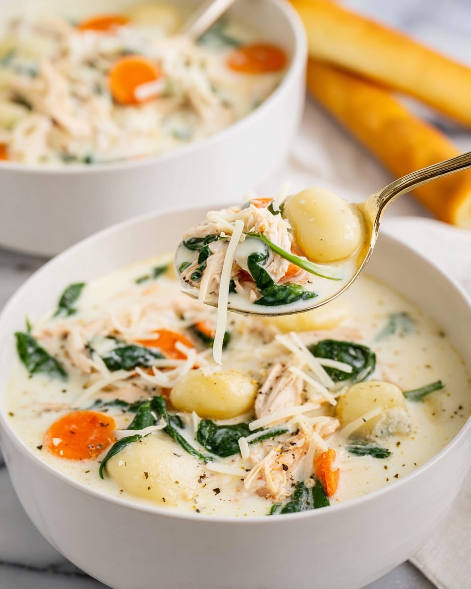 The image shows a black slow cooker filled with a creamy white soup that has visible layers of ingredients. The top layer includes bright green spinach leaves, thin orange carrot strips, and some whole cloves of garlic spread across the creamy white broth. Underneath, there are small pieces of shredded chicken and bits of celery, mixed throughout the creamy texture. Around the slow cooker on the white marbled surface, there is a white basket holding several golden brown breadsticks, a white bowl with shredded cheese, and clear salt and pepper shakers. A light beige ladle is placed next to the cooker, and a mint green cloth is partly visible at the bottom left. Photo taken with an iphone --ar 4:5 --v 7