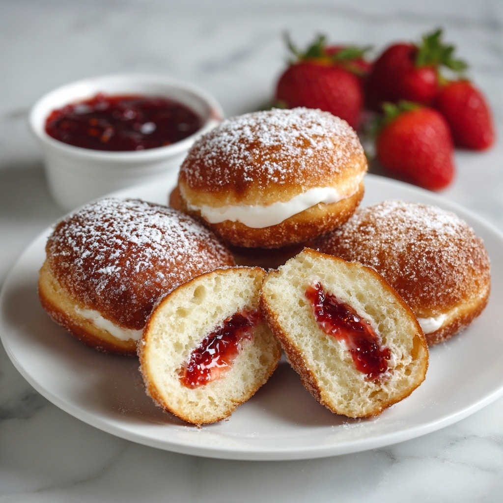 The image shows a white plate with four round doughnuts that have a golden-brown crust dusted with powdered sugar. Two doughnuts are whole, and two are cut in half, revealing three layers inside: a light, fluffy dough layer on the outside, a creamy white filling in the middle, and a bright red strawberry jam layer inside. The jam looks shiny and slightly runny, adding a rich texture contrast to the soft dough. Behind the plate, there are fresh red strawberries and a small white bowl filled with more red jam, all set against a white marbled surface. photo taken with an iphone --ar 4:5 --v 7