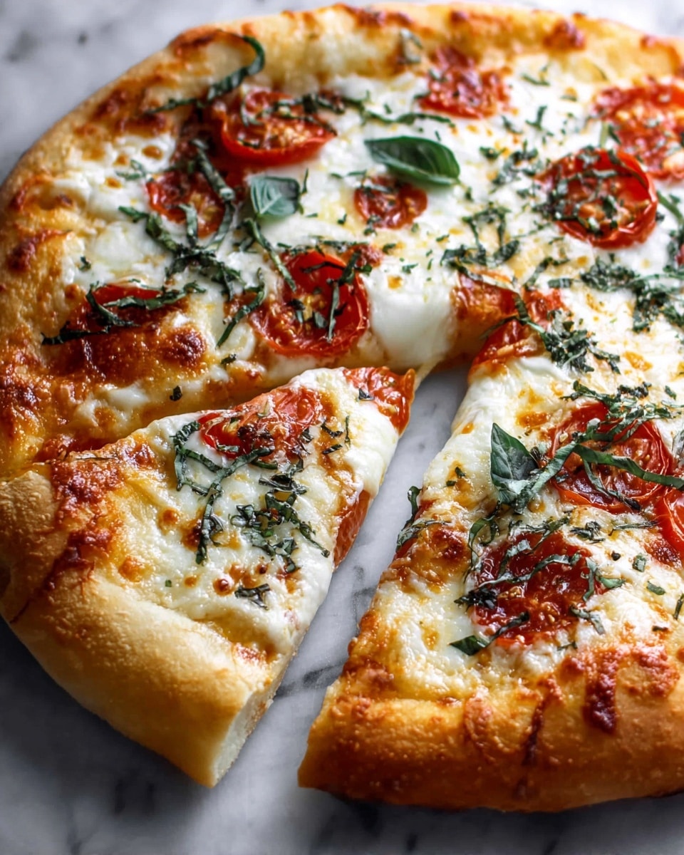 The image shows a close-up of a round pizza with a thick, golden-brown crust. The pizza has a few layers: the base is a crispy dough, topped with melted white mozzarella cheese that covers most of the surface evenly. On top of the cheese, there are bright red tomato slices scattered around, with some slightly browned spots from baking. Fresh green basil leaves and thin strips of basil are spread across the pizza, adding a touch of color and freshness. One slice is slightly pulled out, showing the gooey cheese stretching a bit from the main pizza. The pizza rests on a white marbled textured surface. photo taken with an iphone --ar 4:5 --v 7