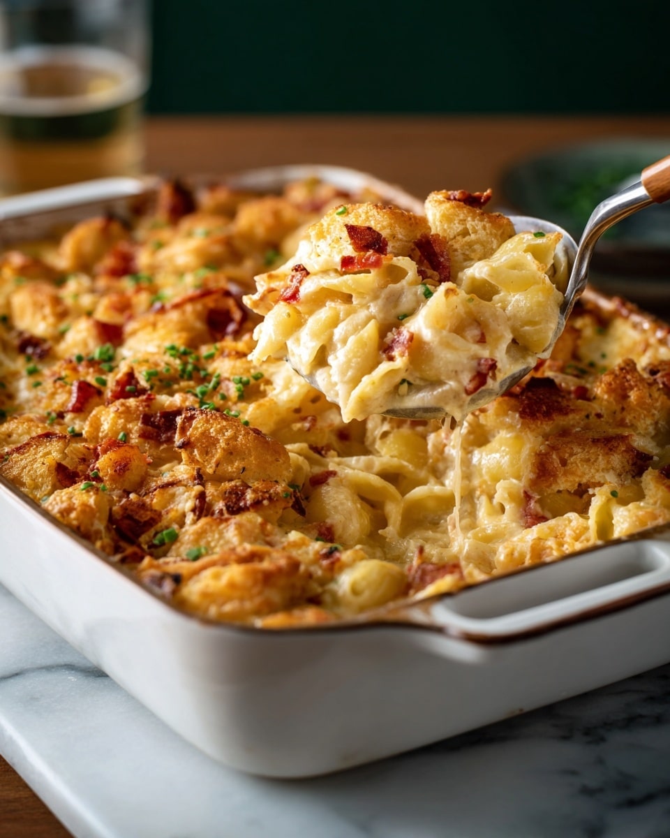 A close-up view of a layered baked dish in a white casserole dish with handles, featuring a top layer of golden-brown, crispy baked pieces with some green herbs sprinkled on top. Underneath, visible on the spoon being lifted, are creamy layers of pasta shells coated in a smooth, light cheese sauce with a few small red pieces mixed in. The texture of the baked topping looks crunchy and crumbly, while the inside layers are soft and gooey. The dish is set on a white marbled surface, with a blurred background. Photo taken with an iphone --ar 4:5 --v 7