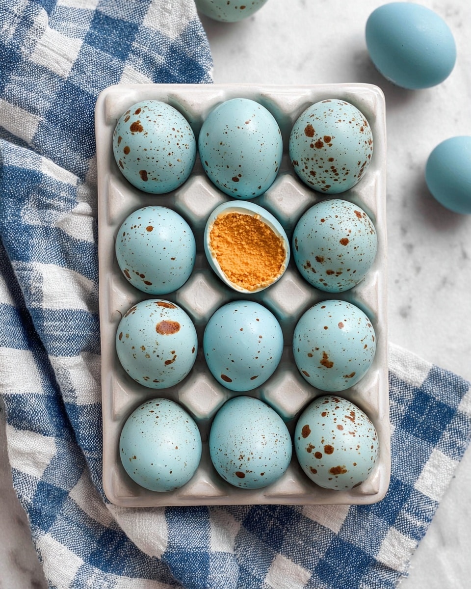 The image shows a dozen small egg-shaped treats with a smooth, light blue shell speckled with dark brown spots, resembling bird eggs. One of the treats is broken open to reveal a crumbly, light orange-brown filling inside. These eggs are arranged in a white ceramic egg tray with compartments, placed on a blue and white checkered cloth. The texture of the shells looks glossy and firm, while the filling looks soft and crumbly. Photo taken with an iphone --ar 4:5 --v 7